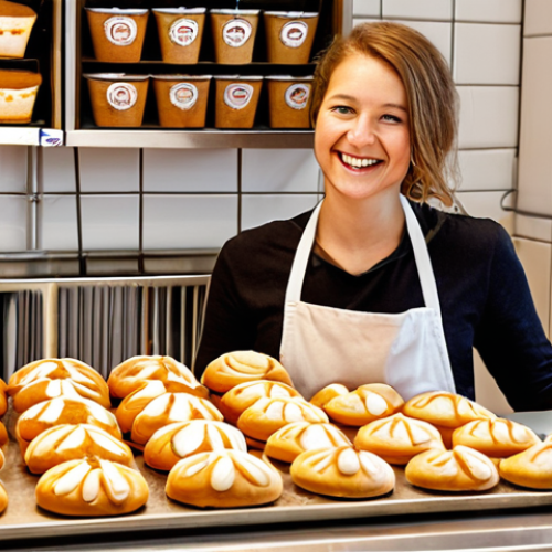 Home 6 **Image Prompt:** A baker in a small, cozy Dutch bakery, sending personalized email marketing campaigns on a laptop, with a graph showing a 40% increase in gluten-free product sales. Focus on the happy expressions of the bakery staff and the delicious-looking gluten-free pastries. Add elements like tulips or Delftware to enhance the Dutch setting. The overall style should be warm and inviting, emphasizing the success of personalized marketing.