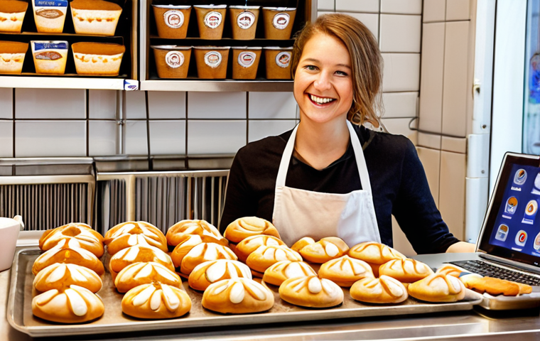 **Image Prompt:** A baker in a small, cozy Dutch bakery, sending personalized email marketing campaigns on a laptop, with a graph showing a 40% increase in gluten-free product sales. Focus on the happy expressions of the bakery staff and the delicious-looking gluten-free pastries. Add elements like tulips or Delftware to enhance the Dutch setting. The overall style should be warm and inviting, emphasizing the success of personalized marketing.
