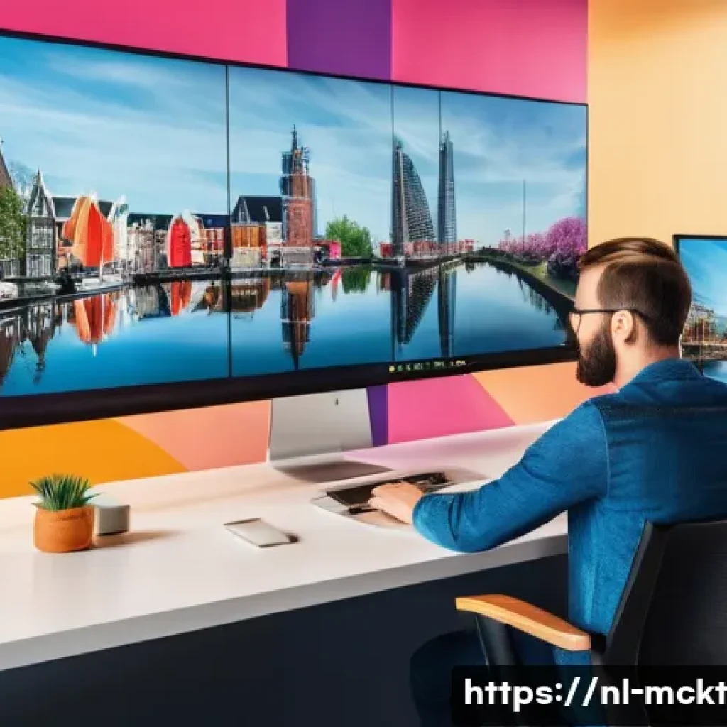 이메일 마케팅 자동화의 기술과 트렌드 - A vibrant Dutch digital marketing office scene showing a diverse team collaborating on automated ema...
