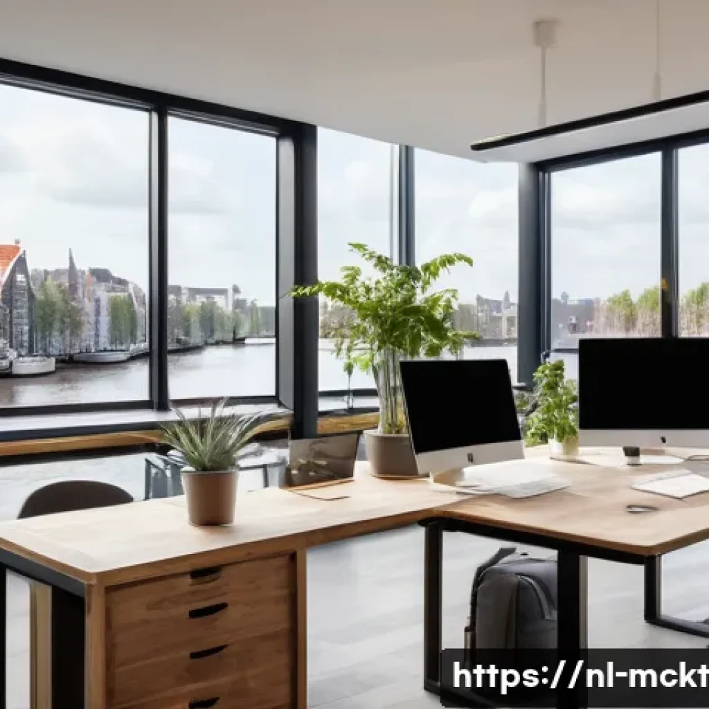 이메일 자동화와 고객 관계 관리 - A modern Dutch office environment with a diverse team of professionals collaborating around a large ...