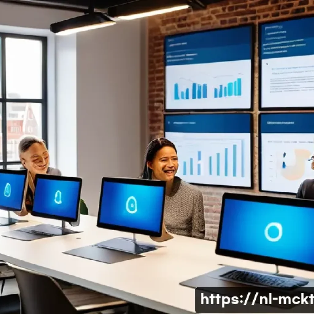 이메일 마케팅 자동화 성과를 높이는 기술 - A modern Dutch office setting with a diverse team of marketing professionals collaborating on email ...