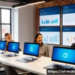 이메일 마케팅 자동화 성과를 높이는 기술 - A modern Dutch office setting with a diverse team of marketing professionals collaborating on email ...