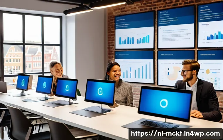 이메일 마케팅 자동화 성과를 높이는 기술 - A modern Dutch office setting with a diverse team of marketing professionals collaborating on email ...