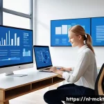 고급 이메일 마케팅 자동화 기술 - A modern, bright office scene showing a Dutch marketing professional analyzing email campaign data o...
