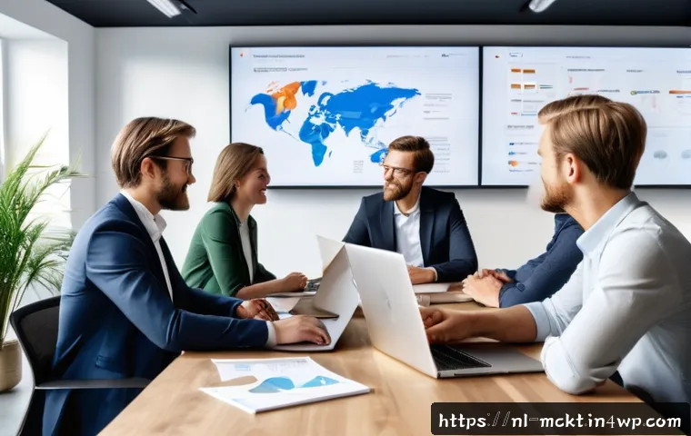 이메일 자동화의 성공을 위한 체크리스트 - A modern Dutch office setting with a diverse team of marketing professionals gathered around a large...