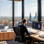 이메일 마케팅 자동화에서의 주기성 - A modern Dutch office setting with a young marketing professional analyzing email campaign data on m...
