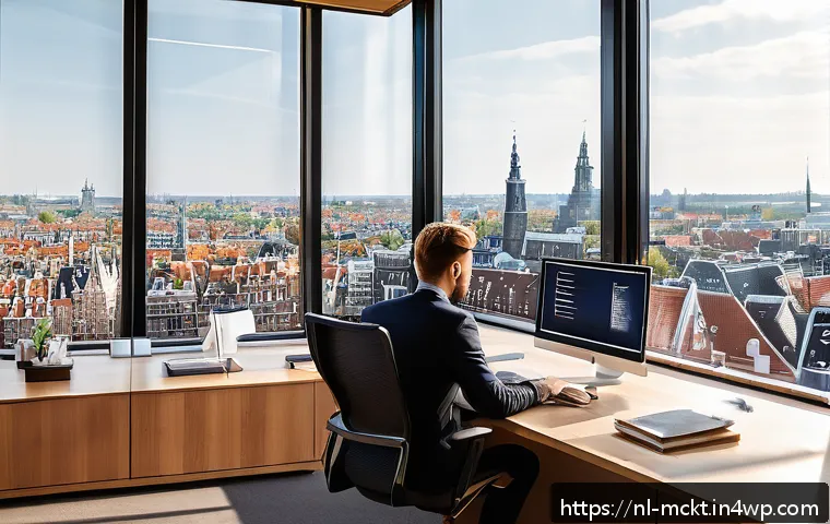 이메일 마케팅 자동화에서의 주기성 - A modern Dutch office setting with a young marketing professional analyzing email campaign data on m...